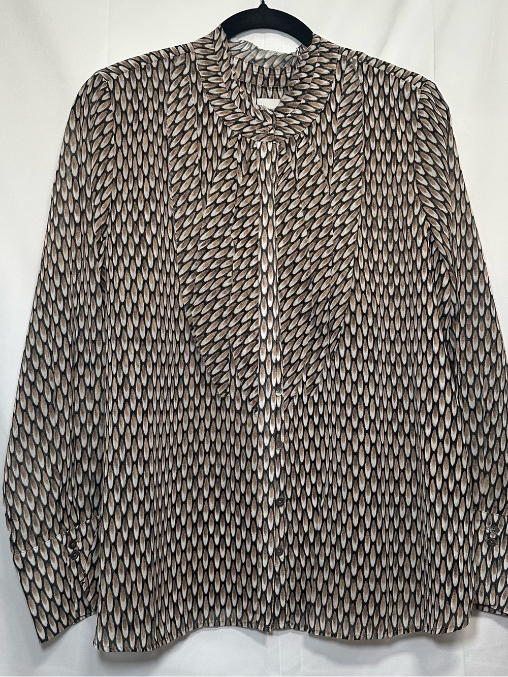NIC+ZOE Abstract Print Tie Neck Button Front Blouse Size L